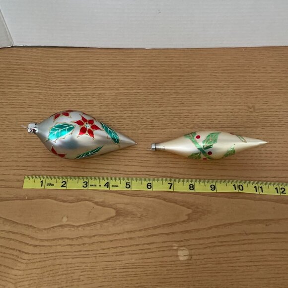 Vintage Icicle Teardrop Glass Christmas Ornaments Set of 3 Red Poinsettia Holly - Picture 7 of 8